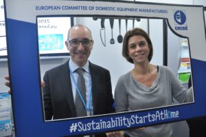Paolo Falcioni, general director at Ceced Europe with Camille Beurdeley, déléguée générale at Gifam, the French association of home appliances manufacturers
