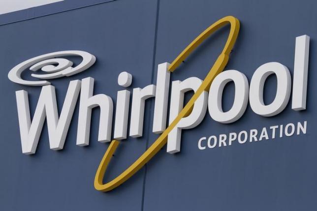 The Whirlpool logo is seen outside their appliance manufacturing plant in Cleveland